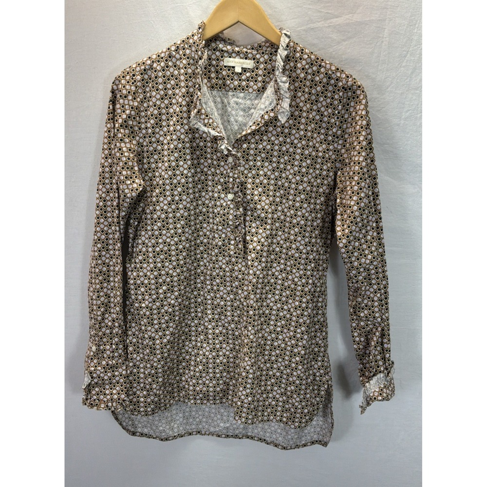 Ann Mashburn Popover Shirt tunic brown/ purple geometric retro print SM cotton